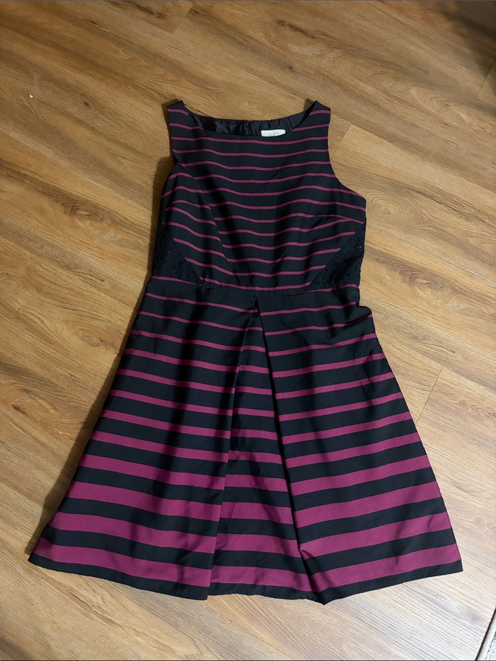 LOFT Black and Burgundy Striped Sleeveless Fit-and-Flare Mini Dress